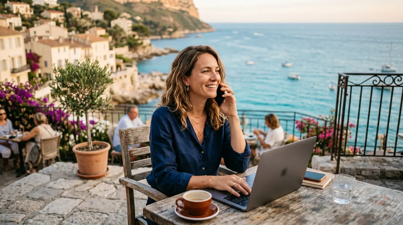 Une apporteuse d’affaires au téléphone, travaillant sur son ordinateur depuis une terrasse face à la mer