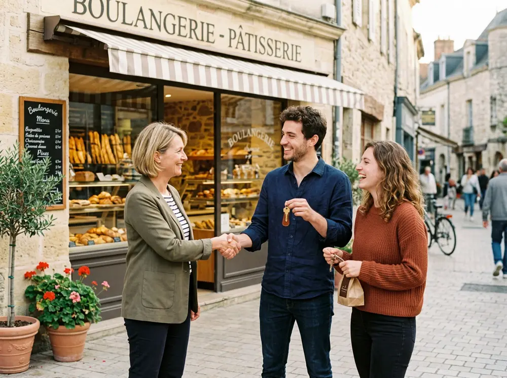 Une apporteuse d’affaires serre la main d’un jeune couple de commerçants devant leur boulangerie